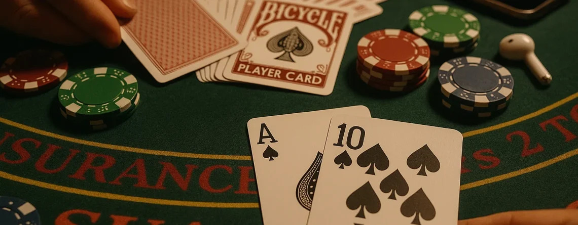 Startseite 52 Nahaufnahme von mit Bicycle-Barcodes markierten Karten auf einem Blackjack-Tisch mit Pokerchips und einem Poker-Analysator, die einen strategischen Vorteil in einer Casino-Umgebung demonstrieren.