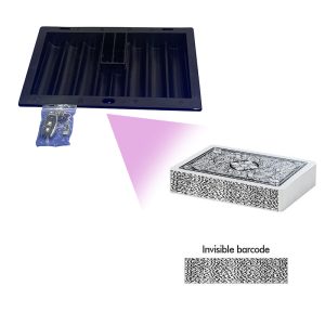 Startseite 13 Ein schwarzes Pokerchip-Tablett mit einer diskret integrierten HD-Kamera, die dafür ausgelegt ist, markierte Spielkarten mit Barcodes automatisch in Echtzeit zu lesen und zu dekodieren.
