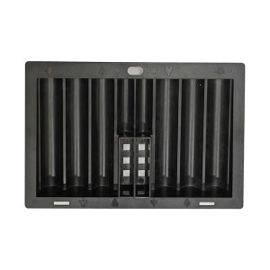 Poker chip tray with hidden camera for scanning marked barcode playing cards.