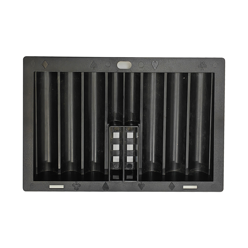 Poker chip tray with hidden camera for scanning marked barcode playing cards.