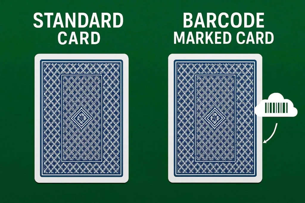 Sbloccare il successo nel Blackjack con le carte contrassegnate con codice a barre 12 Confronto a schermo diviso tra una carta da gioco Bicycle standard e una carta contrassegnata da un codice a barre, che mette in evidenza la tecnologia dell'inchiostro invisibile per i giochi di blackjack e poker.