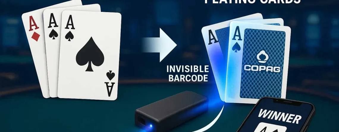 Comparison of standard playing cards and Copag barcode marked cards scanned by poker analyzer for real-time poker cheating results.