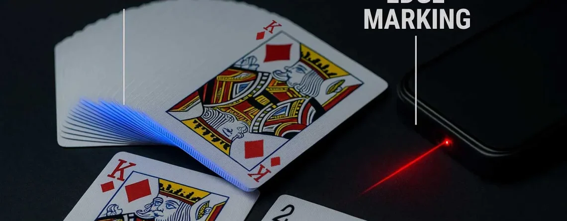 Startseite 54 Nahaufnahme eines mit Barcodes markierten Kartenspiels mit unsichtbaren Tintenrändern, die mit dem Scannen des Poker-Analysators kompatibel sind