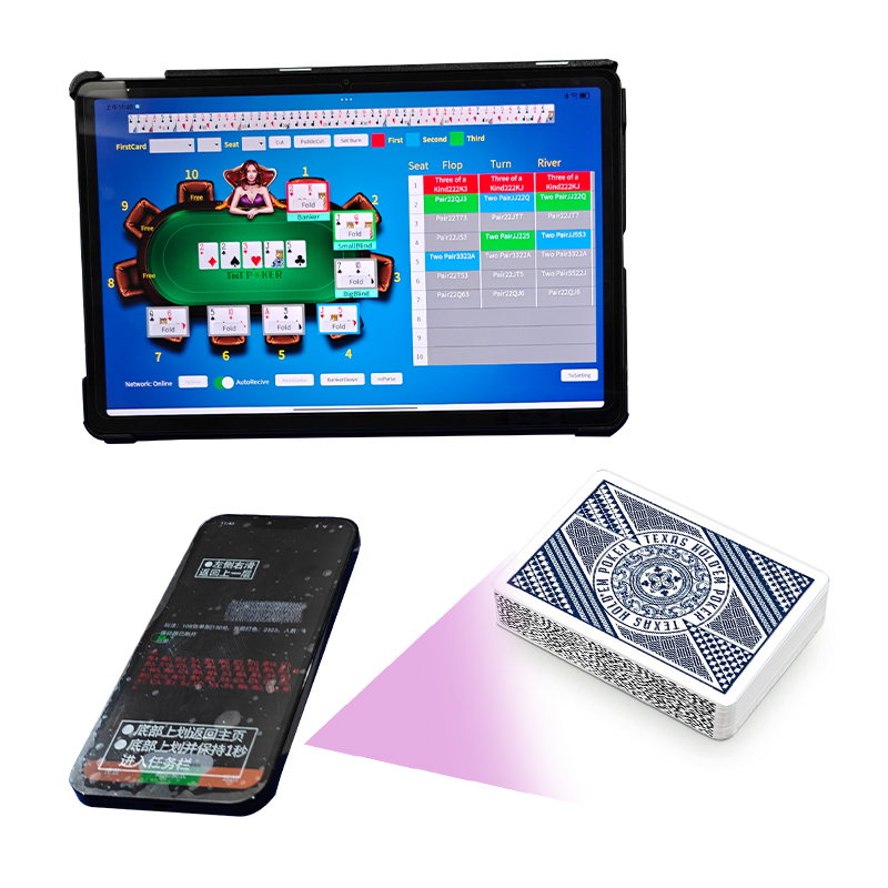 Companion tablet for Texas Hold'em showing real-time hand data from a concealed analyzer.