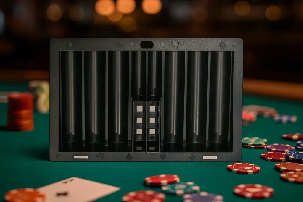 Stealthy Edge: Reviewing the Poker Chip Tray Poker Card Camera 6 poker chip tray with hidden card-scanning camera, placed on a green felt poker table