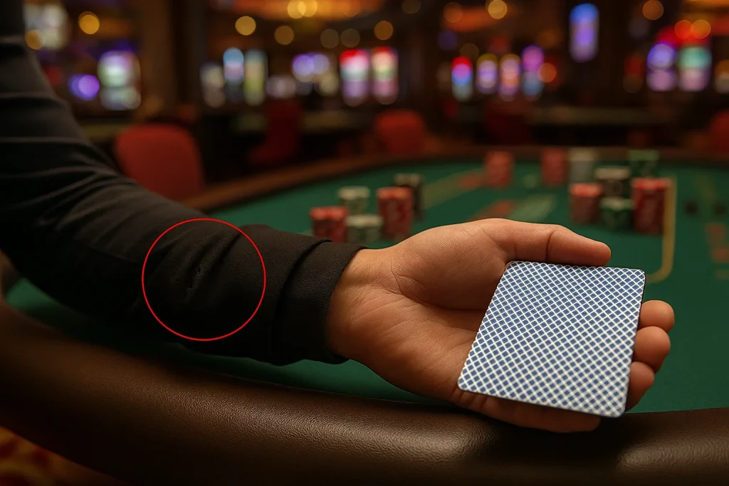 Unveiling the Ultimate Edge Review of the Sleevelet Poker Scanner 6 Close-up shots reveal an ultra-thin cuff poker scanner hidden beneath the cuff of a black shirt, ensuring no noticeable protrusion appears on the player's wrist during poker games.