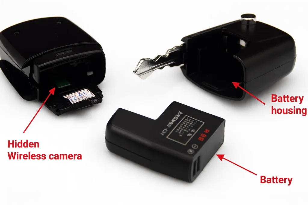 Smascherare la telecamera scanner del poker: la tecnologia stealth che controlla il gioco 17 Telecamera scanner poker smontata all'interno di un realistico portachiavi per auto BMW che mostra il modulo telecamera wireless nascosto, l'alloggiamento della batteria e la batteria rimovibile